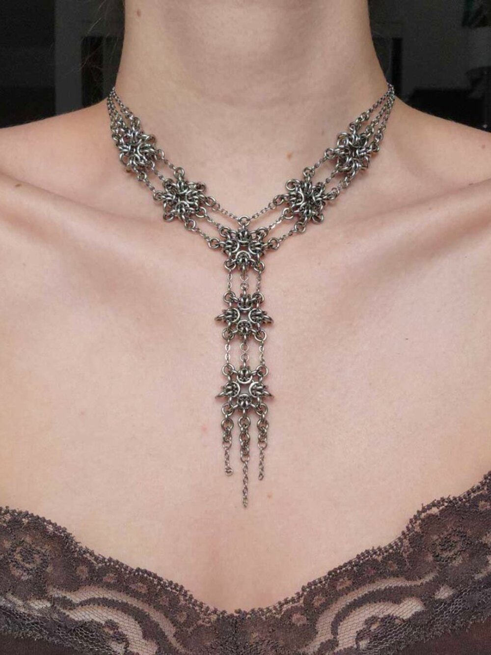Vintage gothic silver rosary statement necklace